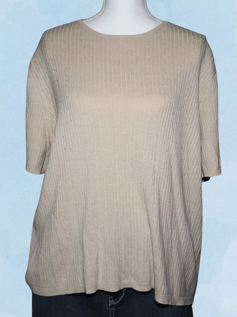 Beige Short Sleeve Ribbed Knit Top - Unbranded